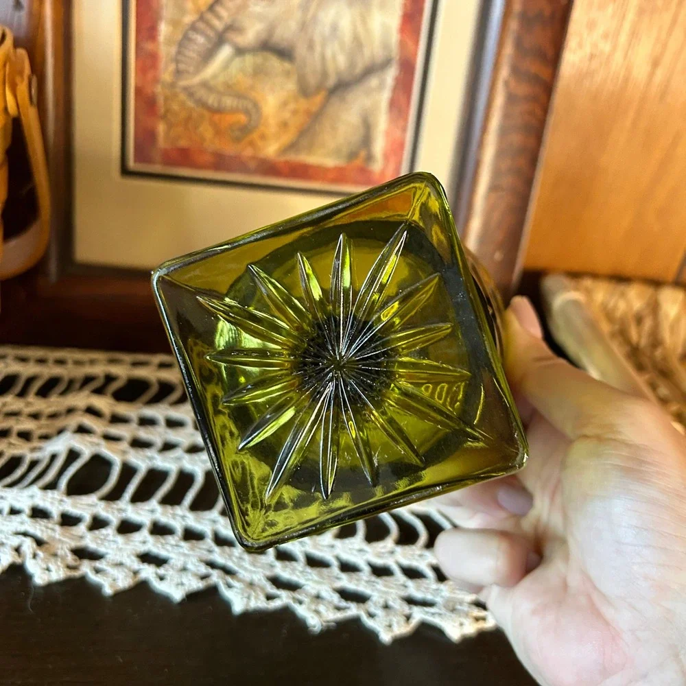 Vintage Olive Green Indiana Glass Footed Vase Pedestal‎ Flower Decor Display
